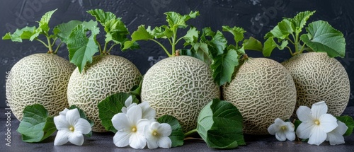  A cluster of cantaloupes with emerald foliage and pearly blossoms on a dark background against a deep, ebony canvas