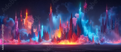  A city in the sky painting with vibrant clouds and numerous bright lights