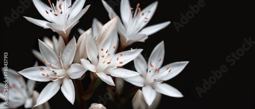   A close-up of white flowers with orange stamens against a black backdrop