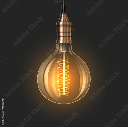 Glowing vintage lightbulb 3d realistic vector illustration. Turn on incandescent lamp design. Electric lantern on transparent background