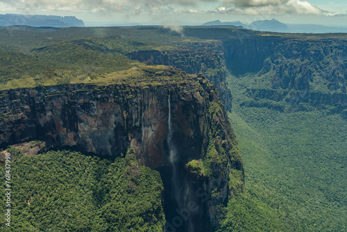View of the Angel Falls (Salto Angel) is worlds highest waterfalls (978 m) on a sunny day - Venezuela, Latin America photo