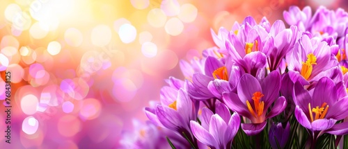  A group of vivid purple flowers in the foreground against a hazy background with soft, radiant light emanating from the center