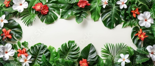   Arrange tropical leaves and flowers in a rectangular shape on white background for text insertion