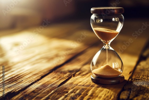 Hourglass on wooden background with copy space for time concept.
