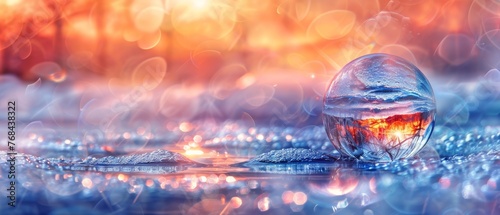  A glass ball atop a puddle with a fire centering it