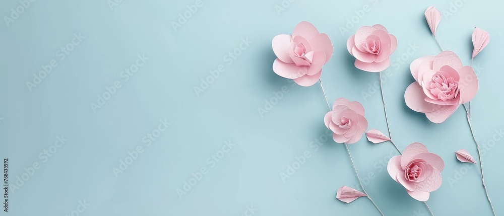 A pink paper flower group on light blue background for card design with text/image insertion A pink paper flower group on light blue background for card design with text/image insertion