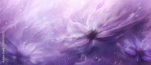  A painting of vibrant purple and white flowers against a serene backdrop of similar hues, with radiant light emanating from the blossoms