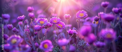  A field full of purple flowers with the sun shining through the clouds in the background is a beautiful sight to behold