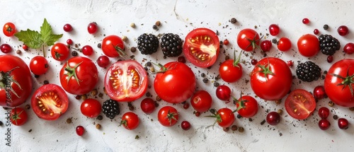  A table brimming with luscious tomatoes and blackberries, alongside a pile of cut-up fruits