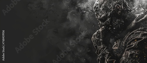   A monochrome image depicts an enigmatic entity emanating smoky tendrils from its maw and gesticulating with its limbs against a dark backdrop photo