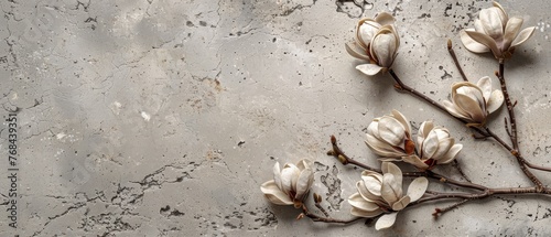   A cluster of white blossoms resting atop a concrete ledge near a barren twig