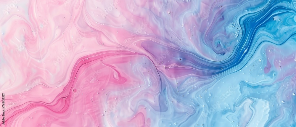   Blue, pink, and white fluid painting with water droplets on the bottom, swirling in the center