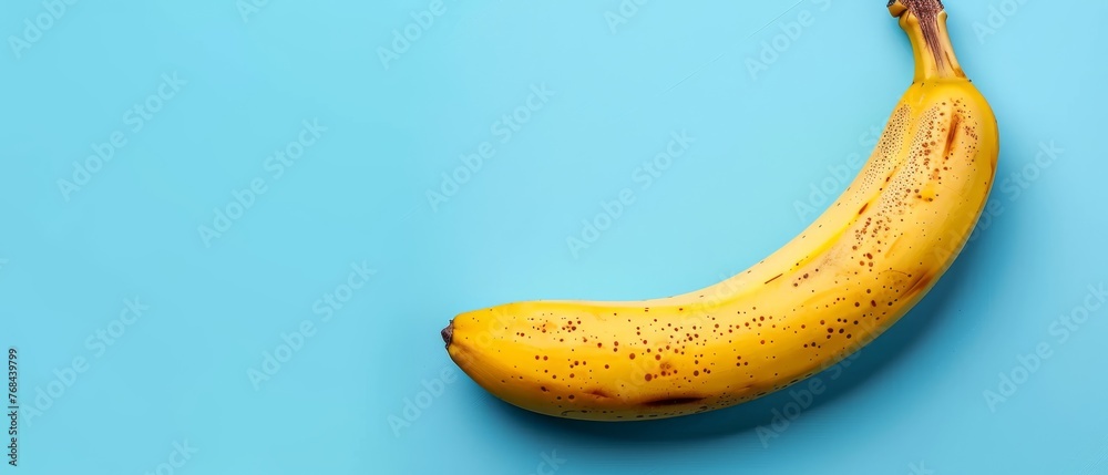   A banana on a blue table next to its peel on a blue surface