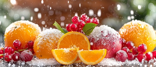  Oranges, cranberries, and oranges, dusted with powdered sugar, rest on the table
