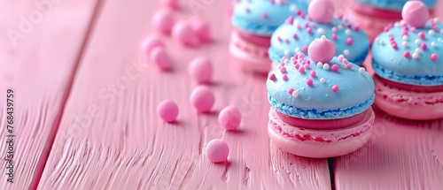  A group of blue and pink cupcakes adorned with sprinkles on a pink wooden surface