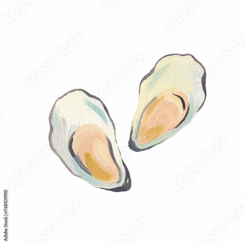 A pair of mussels in shells. Watercolor hand drawn stock illustration. Clip art.