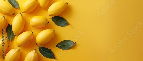   A cluster of lemons on a green backdrop with space for text or an image in the foreground
