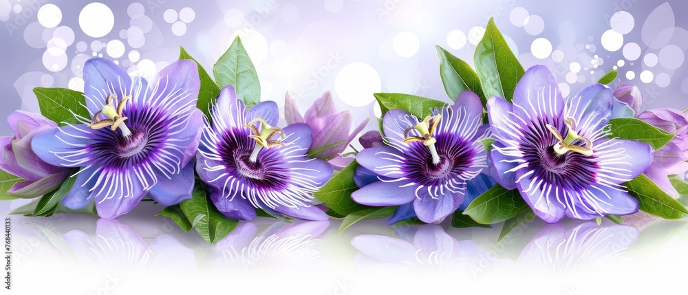   A cluster of purple blossoms atop a verdant tabletop near a blue-white backdrop