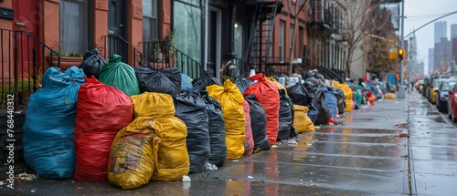 Bags Of Garbage On A City Street. Illustration On The Theme Of Ecology And Climate, City And Lifestyle, Strikes And Infrastructure. Generative AI