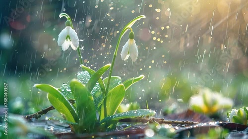 close up first spring flowers snowdrops with rain. seamless looping overlay 4k virtual video animation background photo
