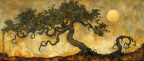   A swirly-branched tree, bathed in moonlight against a warm backdrop of yellow and brown