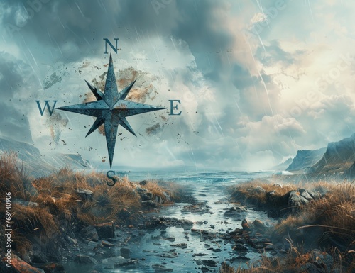 Blue compass rose on top of...