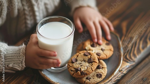 Child's Hand Reaching for a Glass of Milk with Chocolate Chip Cookies on a Wooden Table photo