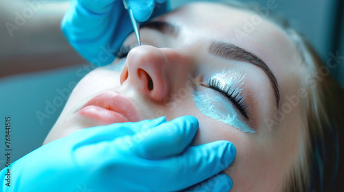Close-up of a person with eyelash extensions and makeup, wearing gloves in a beauty salon