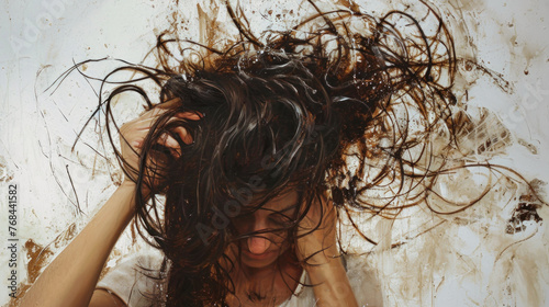 Close up of a woman with wet hair, showcasing hair care and styling