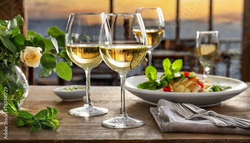 wine and cheese, Glasses of white wine served on table in restaurant