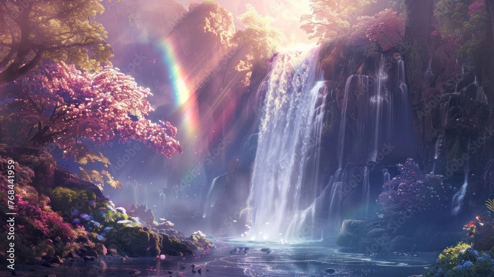 Mystical waterfall with cascading waters shimmering in sunlight and dancing rainbows.