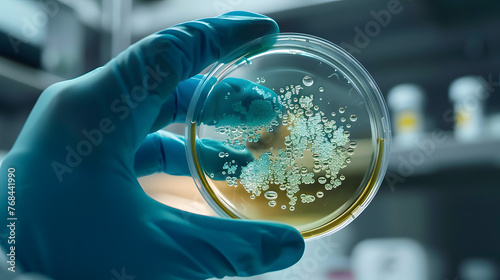 A gloved hand holds a petri dish with a bacterial culture. An agar plate full of microbacteria and microorganisms photo