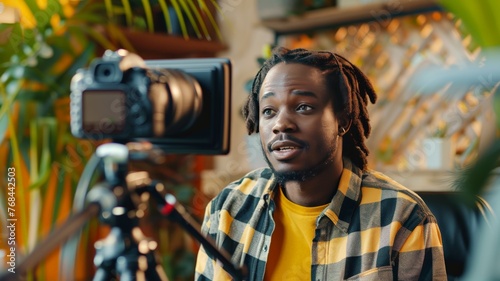 Black male influencer or content creator recording a podcast video.