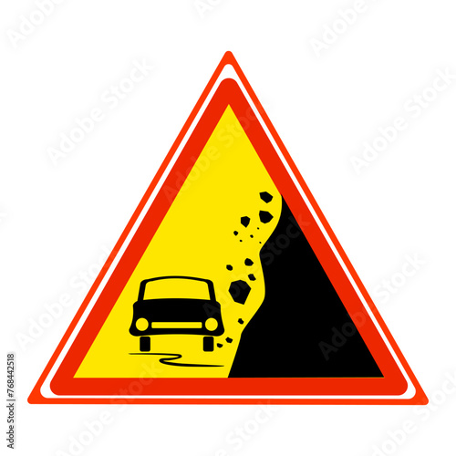 Warning falling rocks sign on white background. Yellow triangle danger sign with car and stones landslide silhouette. Traffic caution insignia about rockslide or gravel. Rockfall. Vector illustration