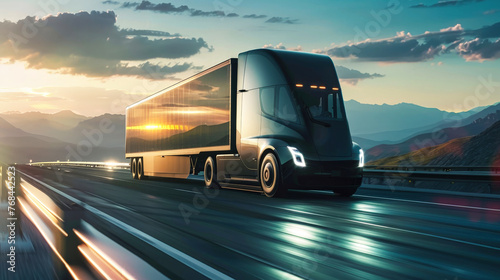 A white semi truck with a cargo trailer drives down a highway against the backdrop of a sunset