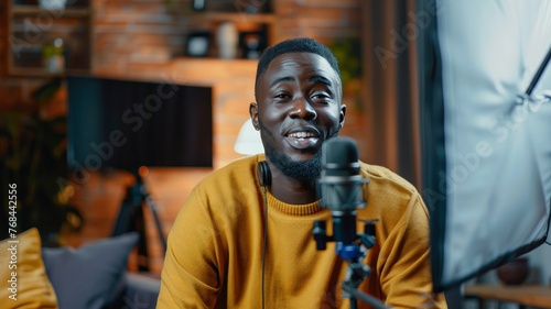 Black male influencer or content creator recording a podcast video.