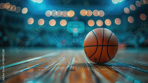 Close up basketball on wooden court floor with blurred arena in background © ISK PRODUCTION