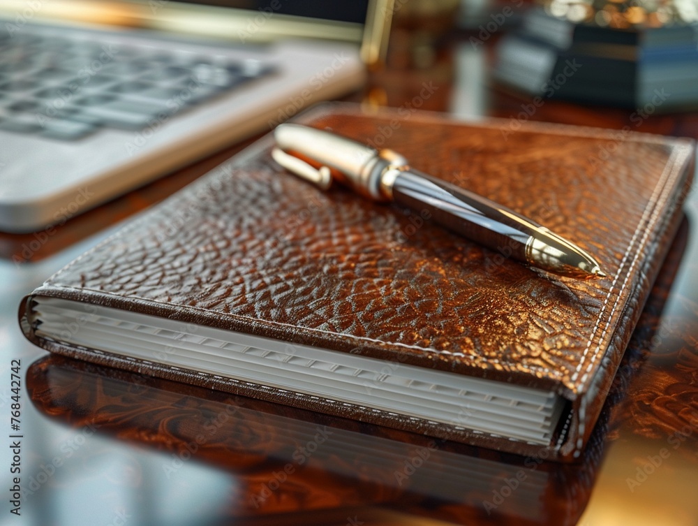 Closeup of a luxury executive pen and leatherbound planner on a polished mahogany desk, symbolizing corporate planning and success , vray Closeup of a luxury executive pen and leatherbound planner on a polished mahogany desk, symbolizing corporate planning and success , vray