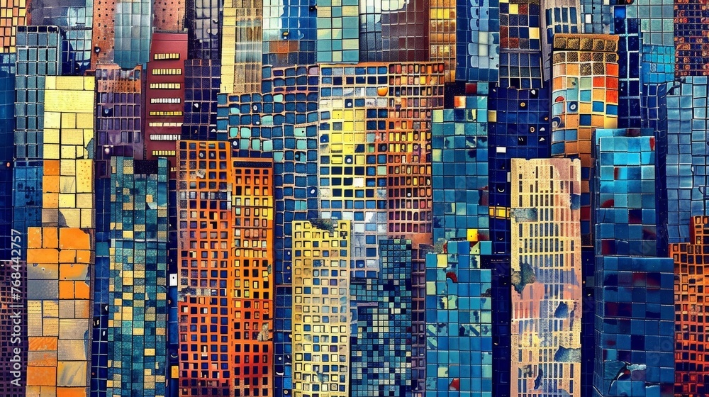 A row of tall buildings their smooth and uniform exterior disrupted by the sporadic placement of colorful mosaic tiles adding a touch of whimsy to the citys architectural - obrazy, fototapety, plakaty 