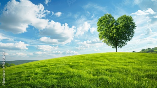 Green grass on slope with heart shape green tree under blue sky. Beauty nature. Good environment. World Environment Day. World day against drought and drought problems.