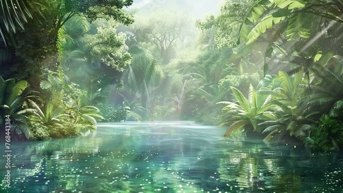 beautiful natural green filter tropical forest with lake. seamless looping overlay 4k virtual video animation background photo