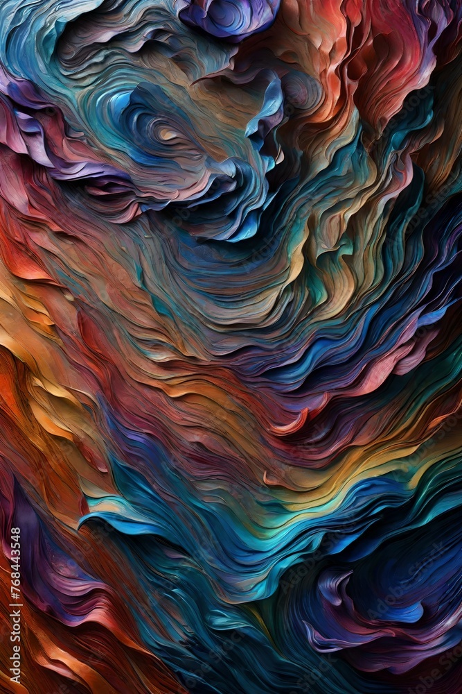 Obraz premium Vivid multicolor abstract of an organic textured surface background. A 3D macro wallpaper of a Vibrant colorful impasto textured dreamscape painting