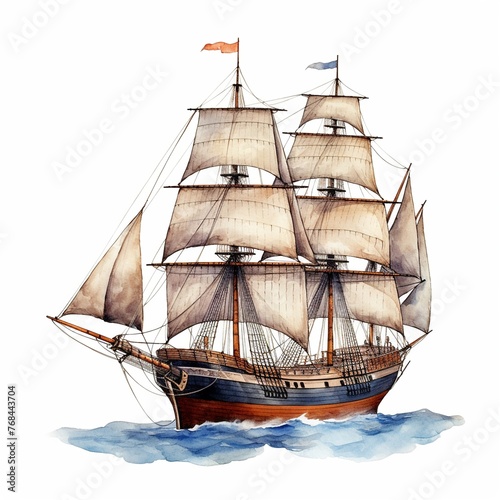Ship clipart, watercolor illustration clipart, 1500s, isolated on white background , low noise
