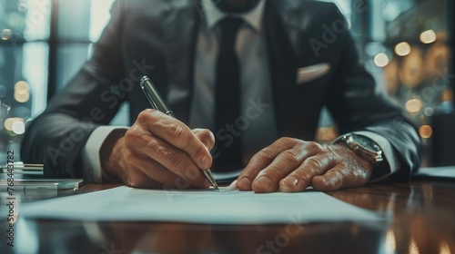 Close up hands of businessman in a suit signing a document at the desk in office #768443782