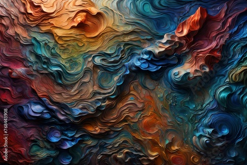 Vivid multicolor abstract of an organic textured surface background. A 3D macro wallpaper of a Vibrant colorful impasto textured dreamscape painting photo