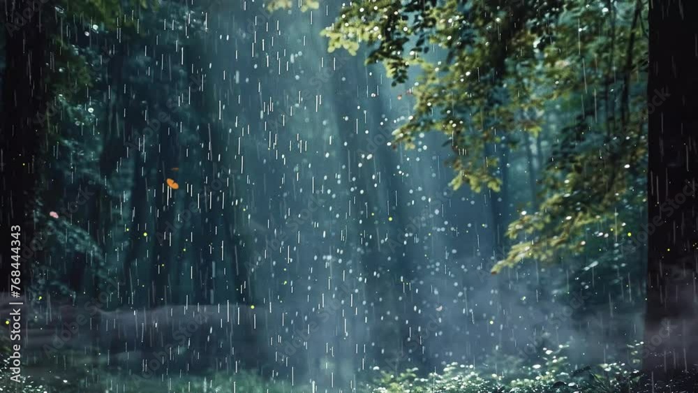 rain in the forest. nature background in a forest. seamless looping overlay 4k virtual video animation background