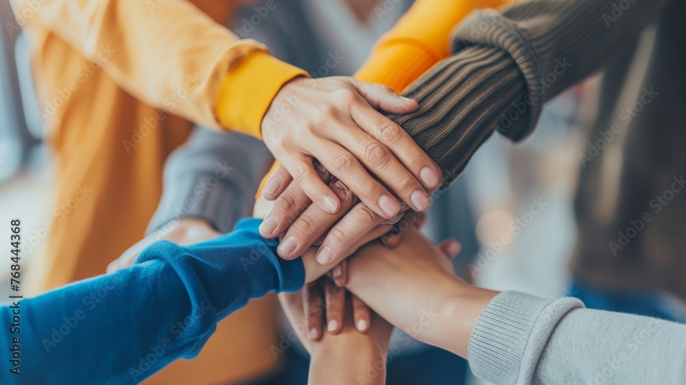 Social connection in business handshake concept, hands of various people connecting the power of charity work, volunteering, pile of people's hands.