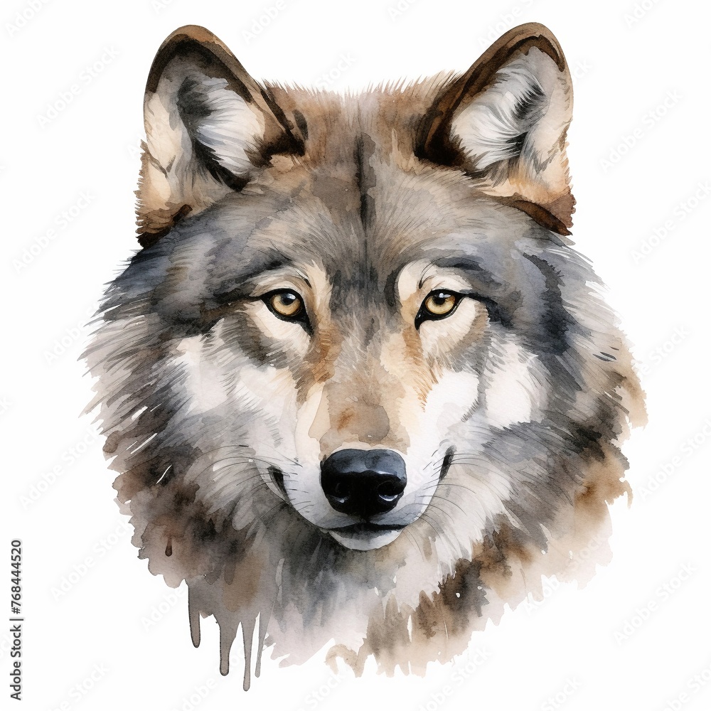 Fototapeta premium Wolf head clipart, watercolor illustration clipart, 1500s, isolated on white background , low texture