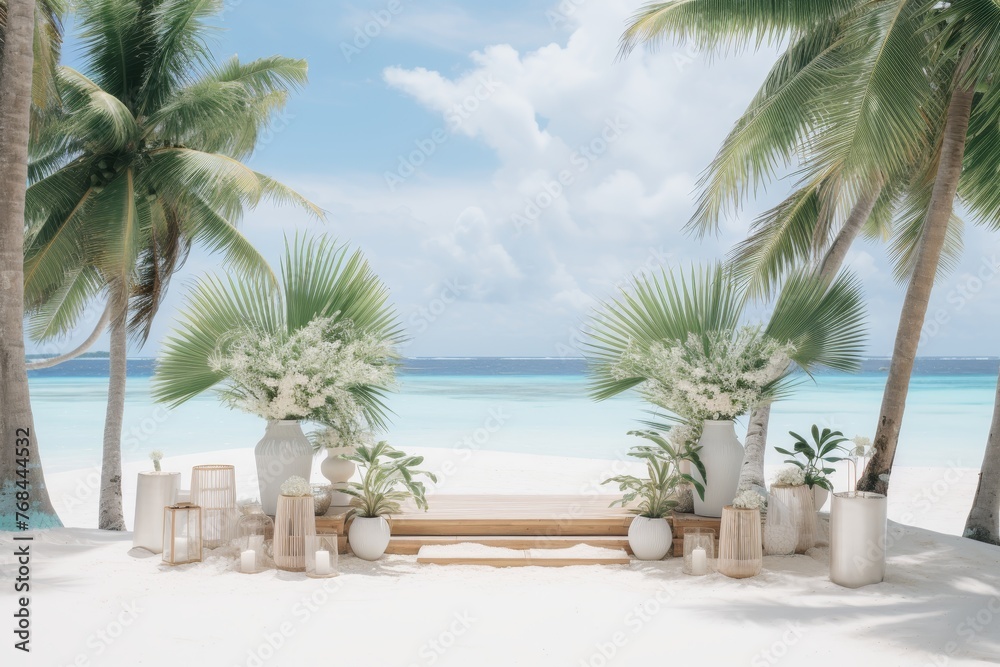 Empty wooden podium on sandy beach surrounded by lush green plants with tranquil sea in background