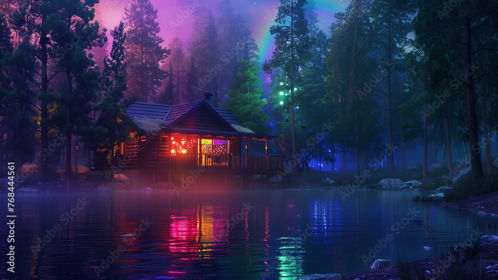 Fototapeta premium Vibrant Cabin in the Woods with Rainbow